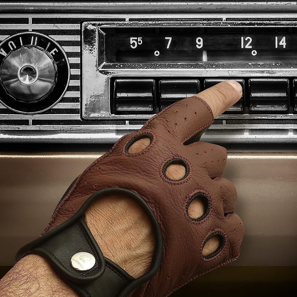 Leather Half-Finger Gloves - DEEP VOLT (Brown)