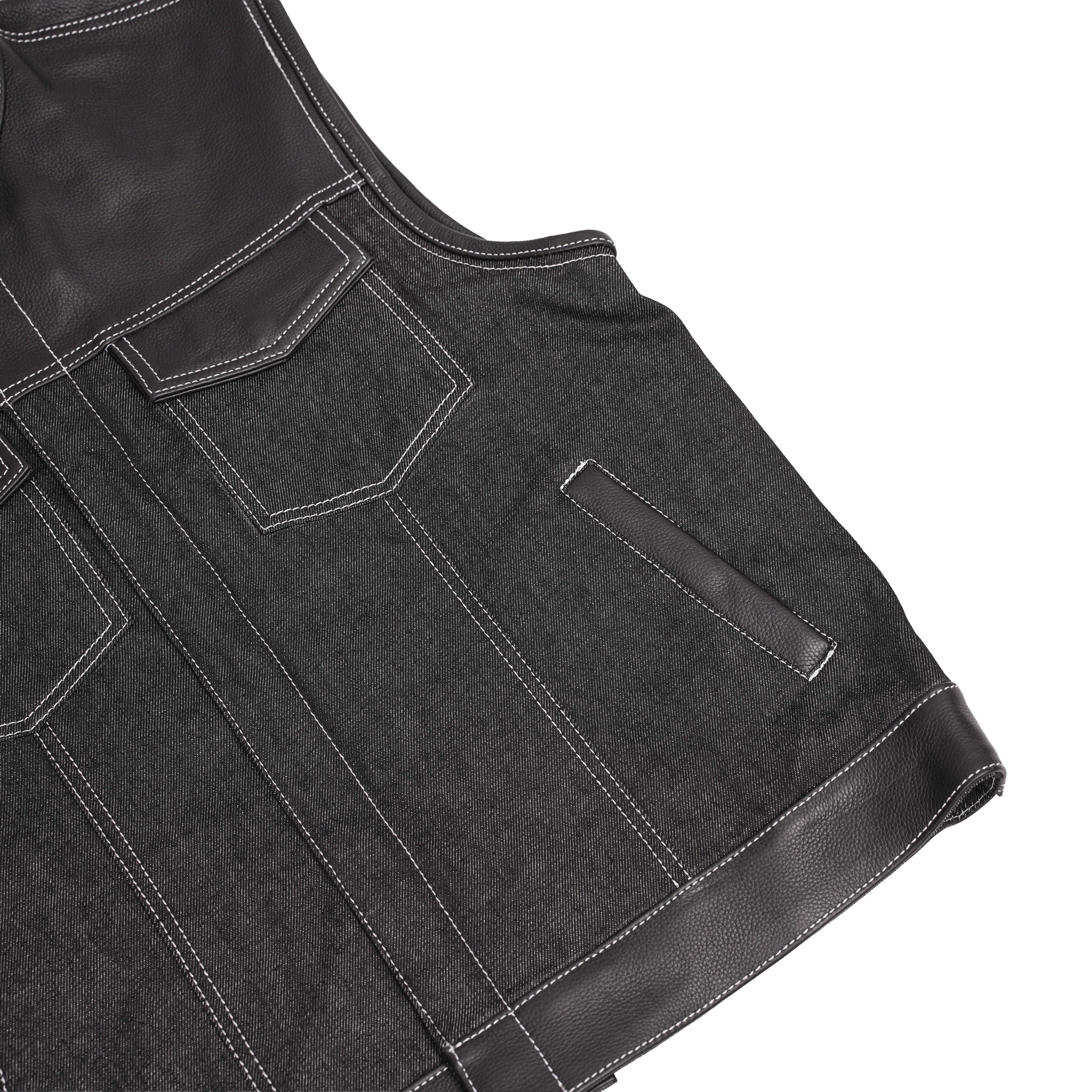 Men's Leather-Denim Combo Motorcycle Vest w/ Scoop Collar
