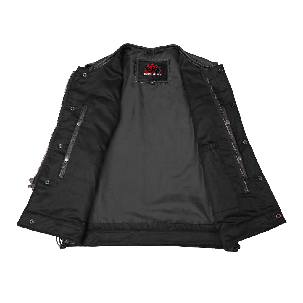 Men's Combat Black motorcycle Leather Vest - Gun Pockets & Side Laces
