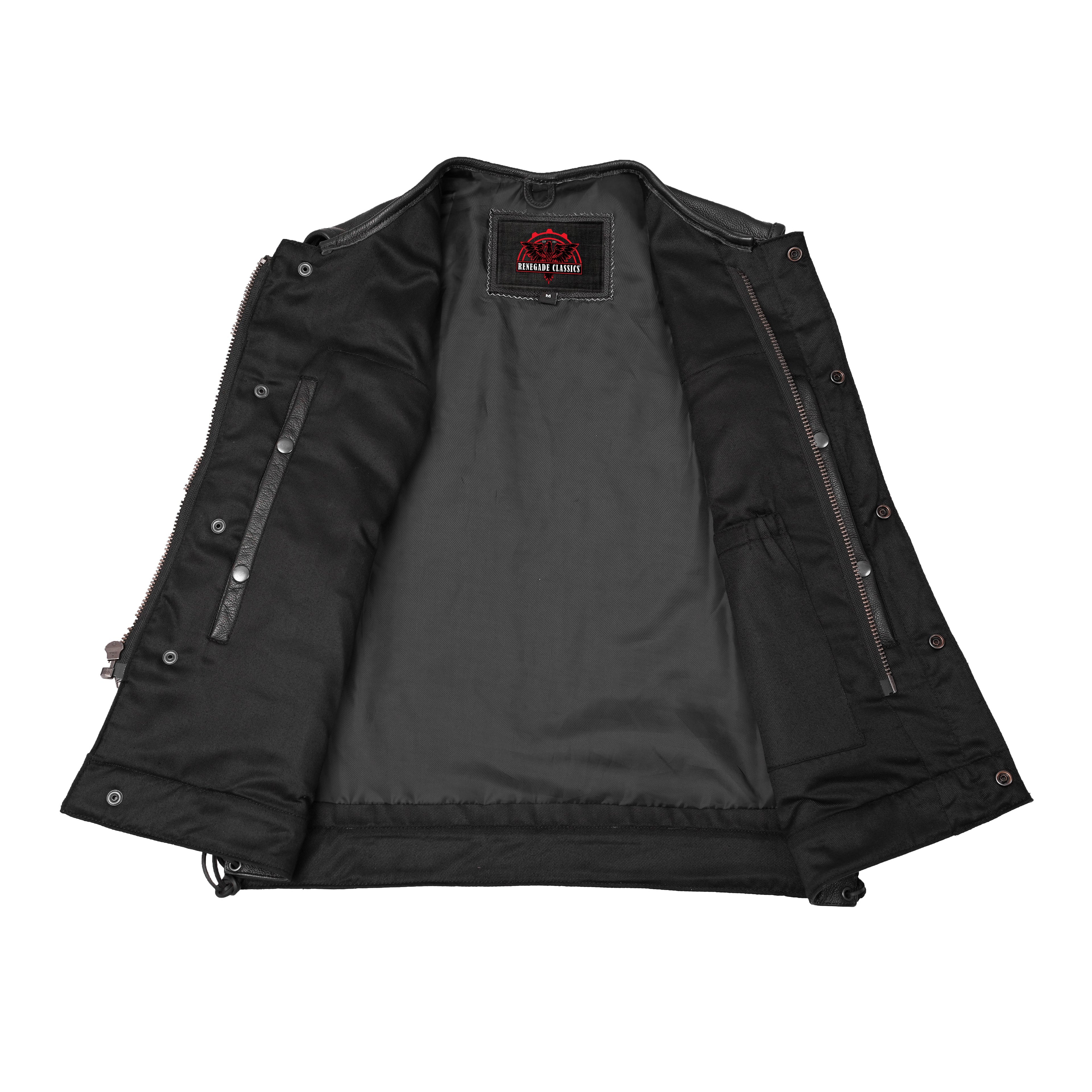 Men's Combat Black motorcycle Leather Vest - Gun Pockets & Side Laces