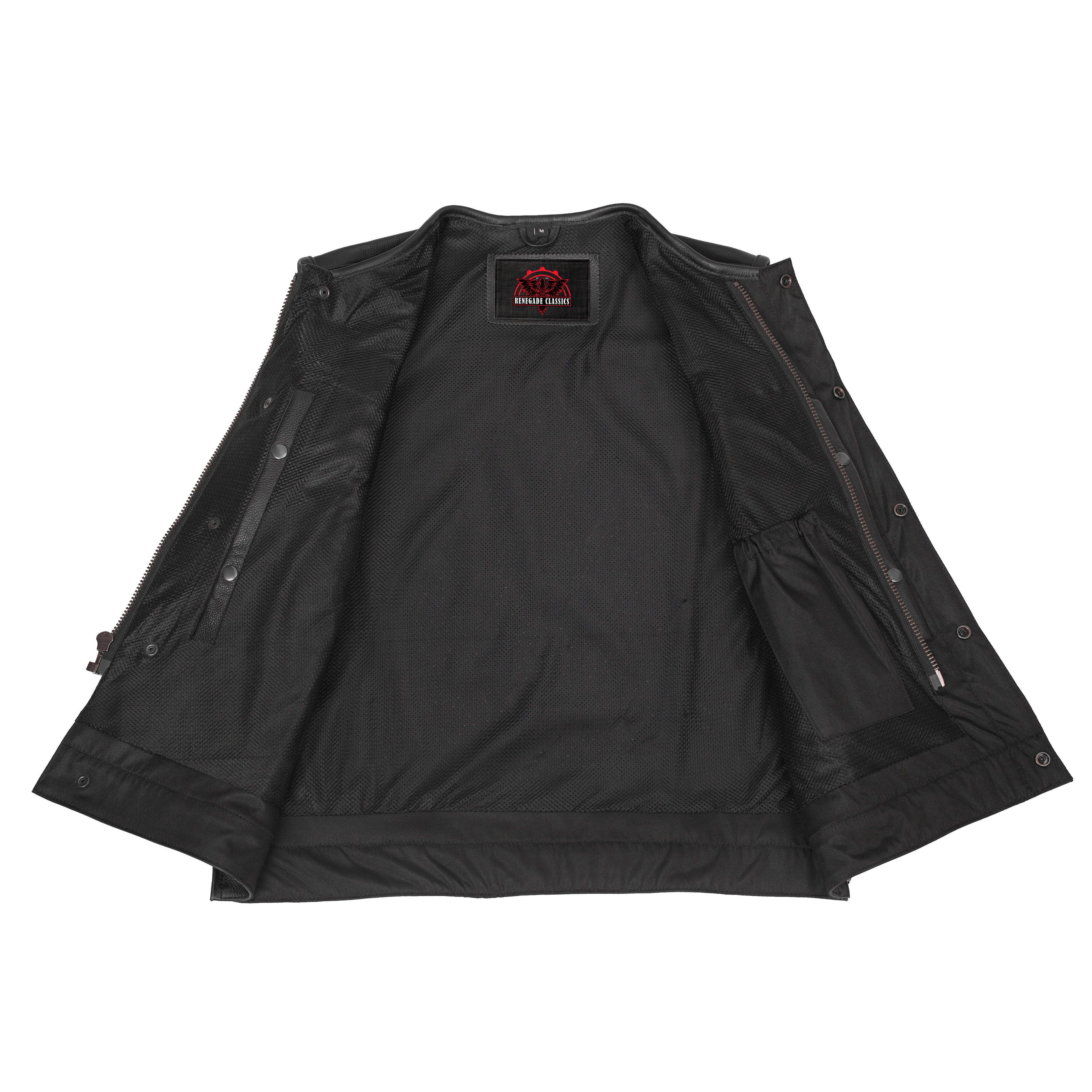 Men's Collarless Perforated Leather Vest - Black