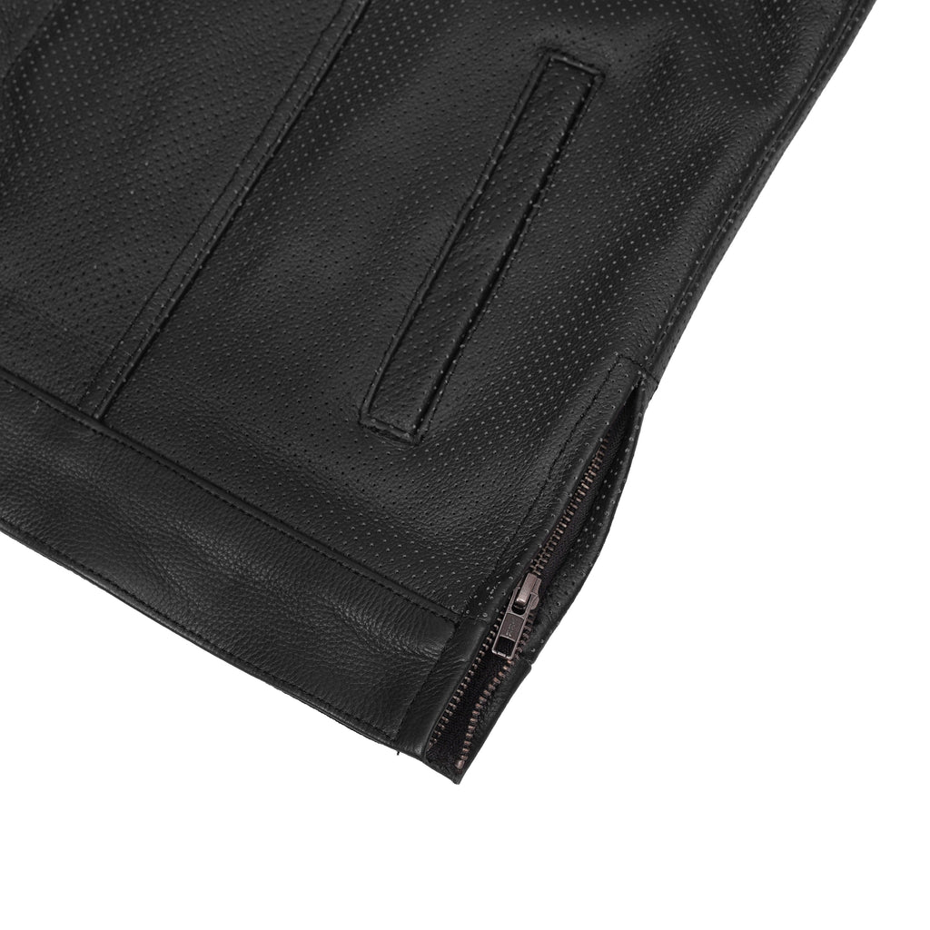 Men's Collarless Perforated Leather Vest - Black