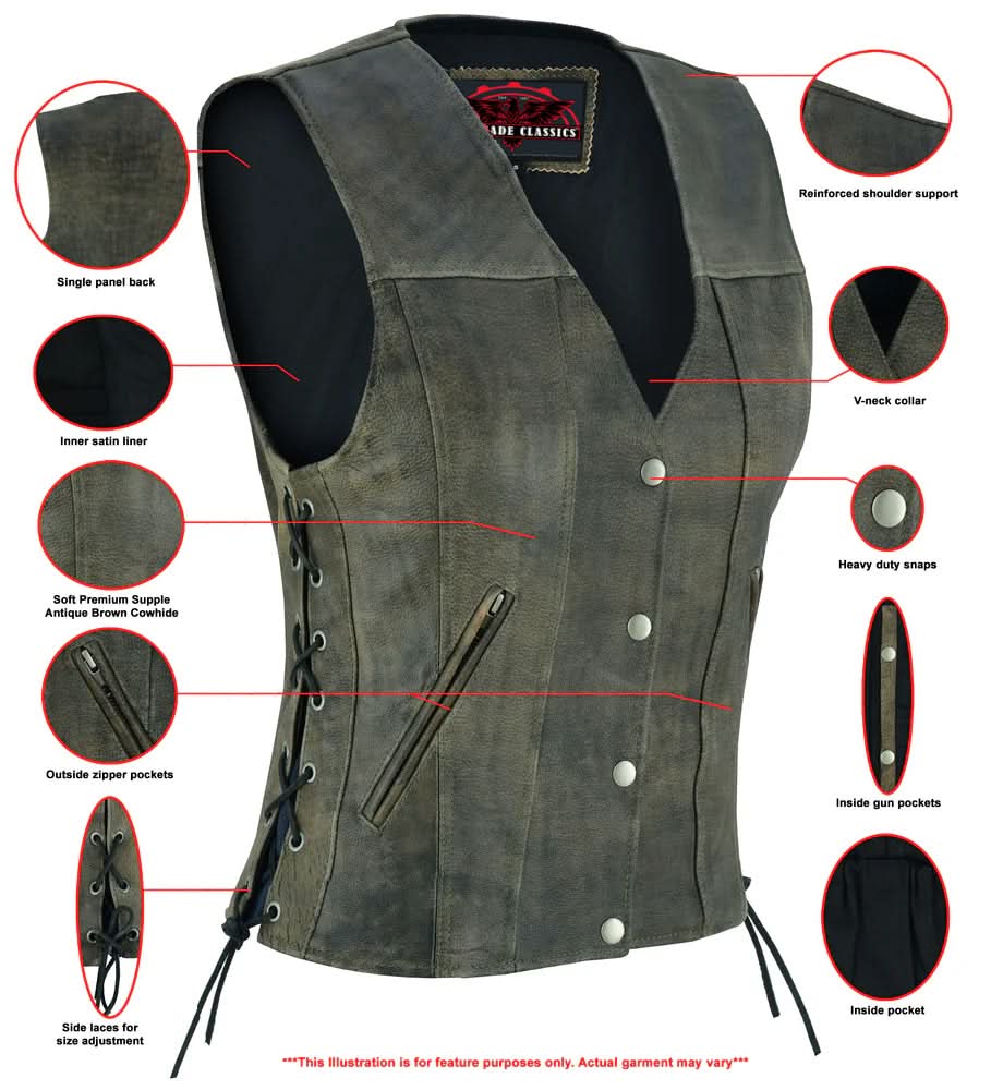 Women's Antique Brown Single Back Panel Concealed Carry Vest